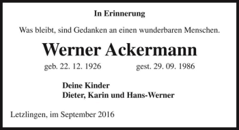 Traueranzeige von Werner Ackermann  von Magdeburger Volksstimme