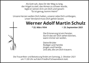 Traueranzeige von Werner Adolf Martin Schulz  von Magdeburger Volksstimme
