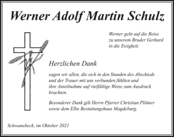 Traueranzeige von Werner Adolf Martin Schulz  von Magdeburger Volksstimme