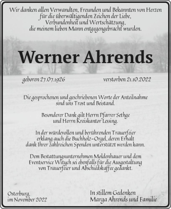 Traueranzeige von Werner Ahrends  von Magdeburger Volksstimme
