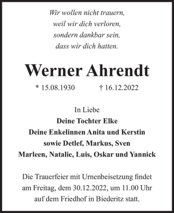 Traueranzeige von Werner Ahrendt  von Magdeburger Volksstimme