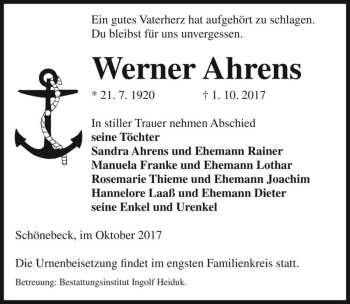 Traueranzeige von Werner Ahrens  von Magdeburger Volksstimme