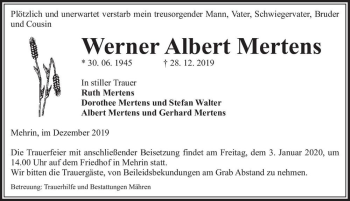 Traueranzeige von Werner Albert Mertens  von Magdeburger Volksstimme