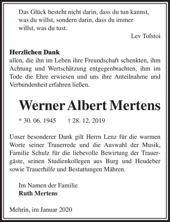 Traueranzeige von Werner Albert Mertens  von Magdeburger Volksstimme