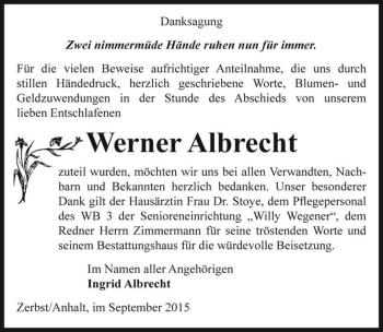Traueranzeige von Werner Albrecht  von Magdeburger Volksstimme