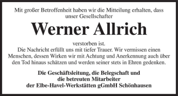Traueranzeige von Werner Allrich  von Magdeburger Volksstimme