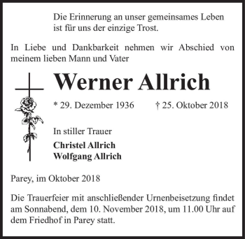 Traueranzeige von Werner Allrich  von Magdeburger Volksstimme