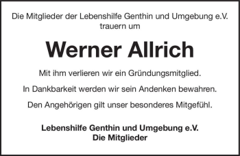 Traueranzeige von Werner Allrich  von Magdeburger Volksstimme