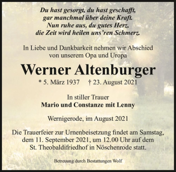 Traueranzeige von Werner Altenburger  von Magdeburger Volksstimme