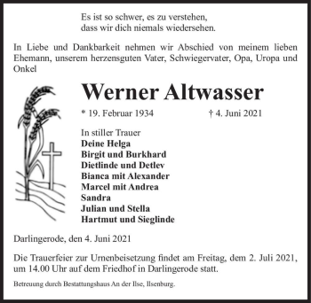 Traueranzeige von Werner Altwasser  von Magdeburger Volksstimme