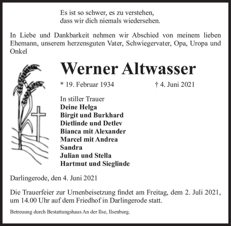  Traueranzeige für Werner Altwasser  vom 12.06.2021 aus Magdeburger Volksstimme