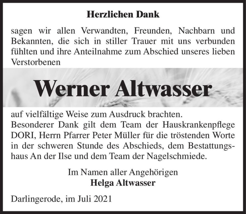  Traueranzeige für Werner Altwasser  vom 10.07.2021 aus Magdeburger Volksstimme