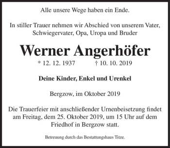 Traueranzeige von Werner Angerhöfer  von Magdeburger Volksstimme
