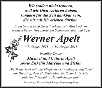 Traueranzeige von Werner Apelt  von Magdeburger Volksstimme