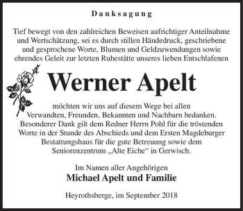 Traueranzeige von Werner Apelt  von Magdeburger Volksstimme