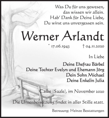 Traueranzeige von Werner Arlandt  von Magdeburger Volksstimme