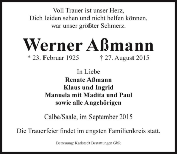 Traueranzeige von Werner Aßmann  von Magdeburger Volksstimme