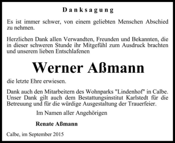 Traueranzeige von Werner Aßmann  von Magdeburger Volksstimme