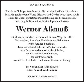 Traueranzeige von Werner Aßmuß  von Magdeburger Volksstimme