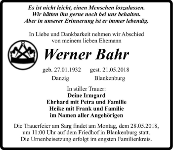 Traueranzeige von Werner Bahr  von Magdeburger Volksstimme