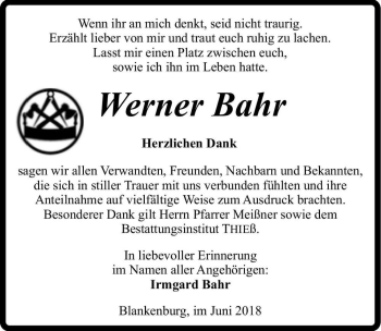Traueranzeige von Werner Bahr  von Magdeburger Volksstimme