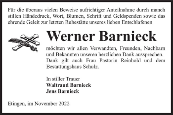 Traueranzeige von Werner Barnieck  von Magdeburger Volksstimme