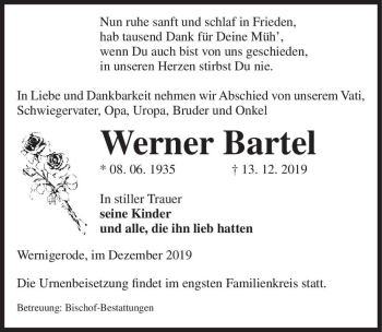 Traueranzeige von Werner Bartel  von Magdeburger Volksstimme
