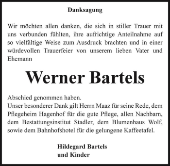 Traueranzeige von Werner Bartels  von Magdeburger Volksstimme