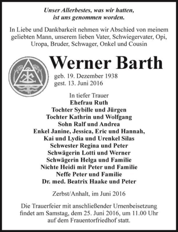 Traueranzeige von Werner Barth  von Magdeburger Volksstimme