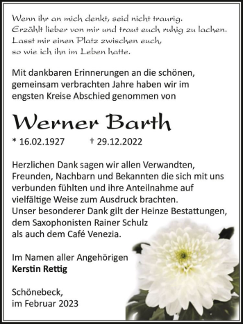 Traueranzeige von Werner Barth  von Magdeburger Volksstimme