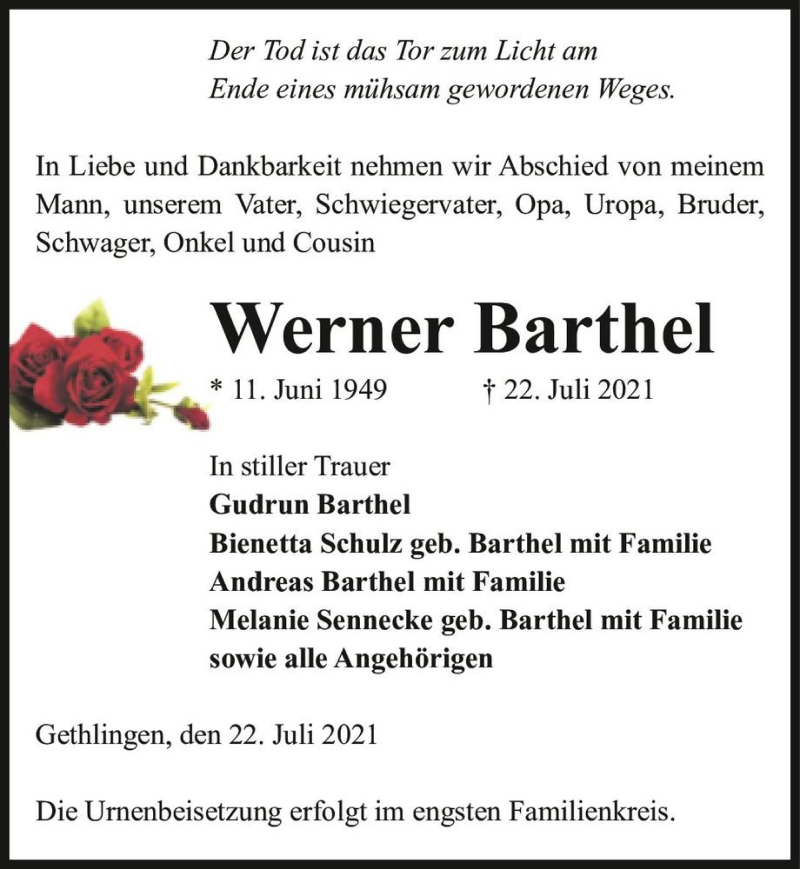  Traueranzeige für Werner Barthel  vom 27.07.2021 aus Magdeburger Volksstimme