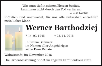 Traueranzeige von Werner Barthodziej  von Magdeburger Volksstimme