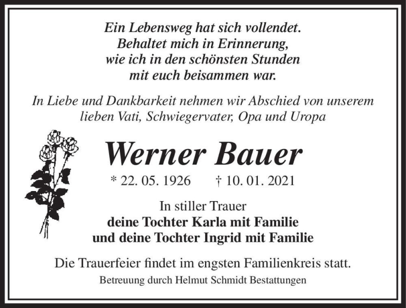  Traueranzeige für Werner Bauer  vom 23.01.2021 aus Magdeburger Volksstimme