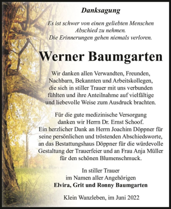 Traueranzeige von Werner Baumgarten  von Magdeburger Volksstimme