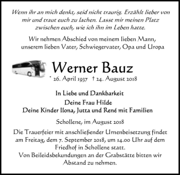 Traueranzeige von Werner Bautz  von Magdeburger Volksstimme