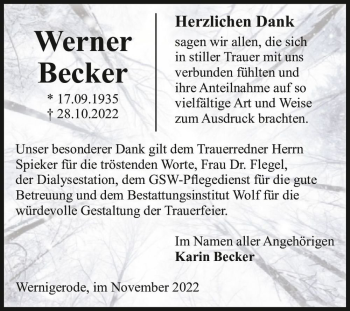 Traueranzeige von Werner Becker  von Magdeburger Volksstimme