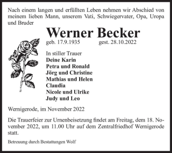 Traueranzeige von Werner Becker  von Magdeburger Volksstimme