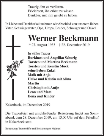 Traueranzeige von Werner Beckmann  von Magdeburger Volksstimme