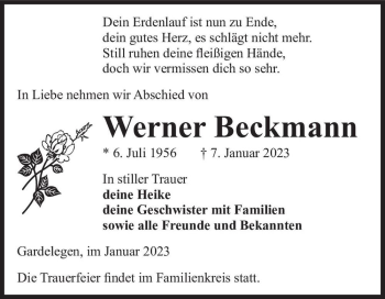 Traueranzeige von Werner Beckmann  von Magdeburger Volksstimme