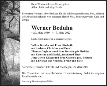 Traueranzeige von Werner Beduhn  von Magdeburger Volksstimme