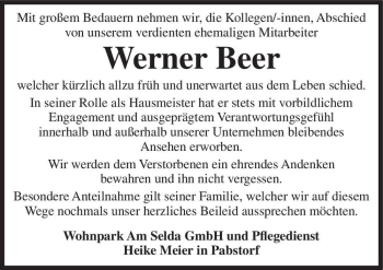 Traueranzeige von Werner Beer  von Magdeburger Volksstimme
