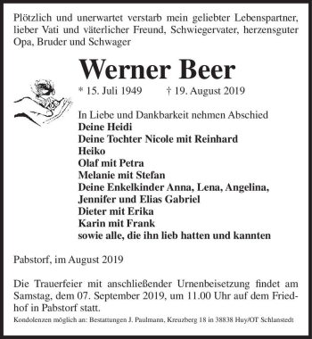 Traueranzeige von Werner Beer  von Magdeburger Volksstimme