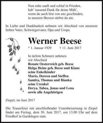 Traueranzeige von Werner Beese  von Magdeburger Volksstimme