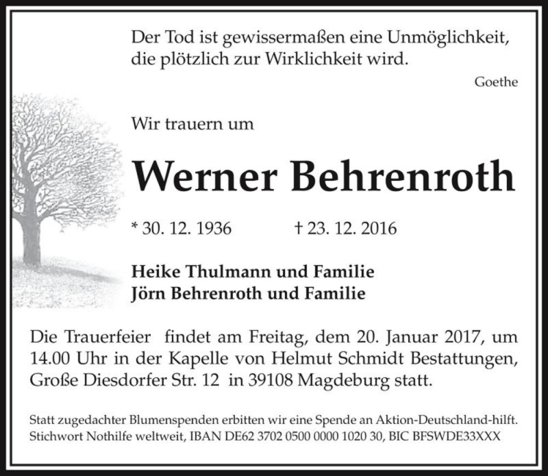  Traueranzeige für Werner Behrenroth  vom 14.01.2017 aus Magdeburger Volksstimme