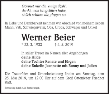 Traueranzeige von Werner Beier  von Magdeburger Volksstimme