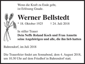 Traueranzeige von Werner Bellstedt  von Magdeburger Volksstimme