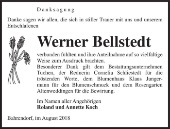 Traueranzeige von Werner Bellstedt  von Magdeburger Volksstimme