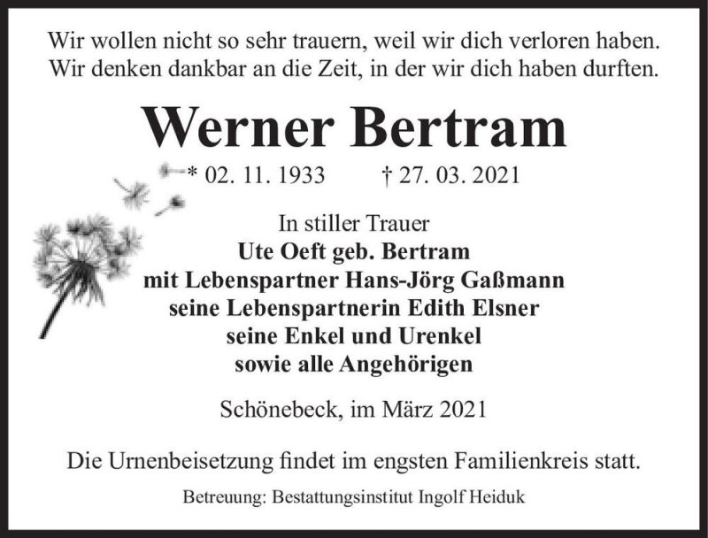  Traueranzeige für Werner Bertram  vom 03.04.2021 aus Magdeburger Volksstimme