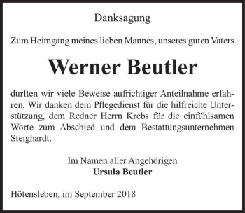 Traueranzeige von Werner Beutler  von Magdeburger Volksstimme