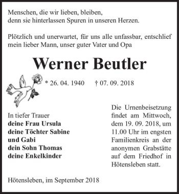Traueranzeige von Werner Beutler  von Magdeburger Volksstimme